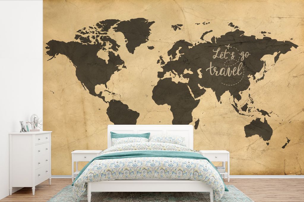 MuchoWow Fototapete für Wohnzimmer oder Schlafzimmer Wandtapete Vinyl Motivtapete Weltkarte - Vintage - Zitat - 420x280 cm - Zimmer für Kinder