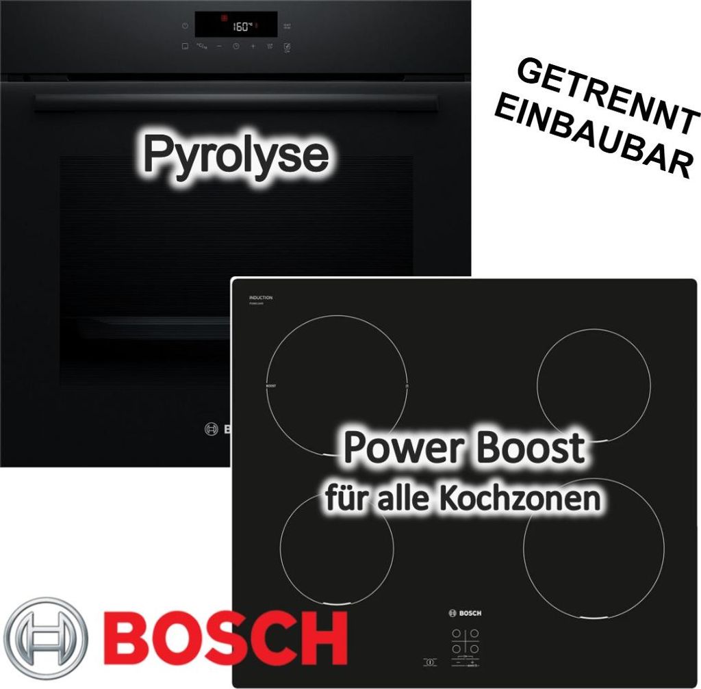 Bosch Backofen Induktionskochfeld Set Schwarz 71 Liter Pyrolyse 3D Heißluft PowerBoost
