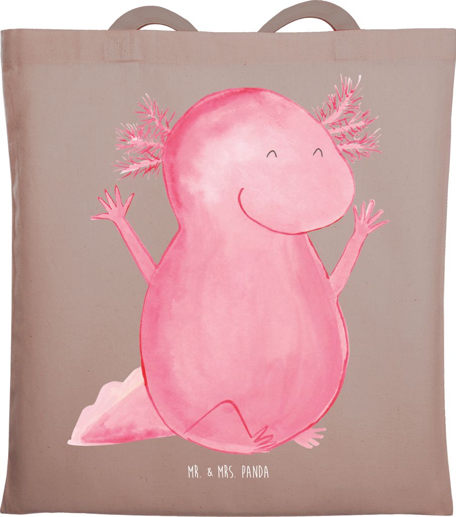 Mr. & Mrs. Panda Tote Bag Axolotl Hurra - Braun Pastell - Geschenk, Tasche, Fröhlich, Shopping, Jutebeutel, Einkaufstasche, Lurch, Freude, Stoffbe...