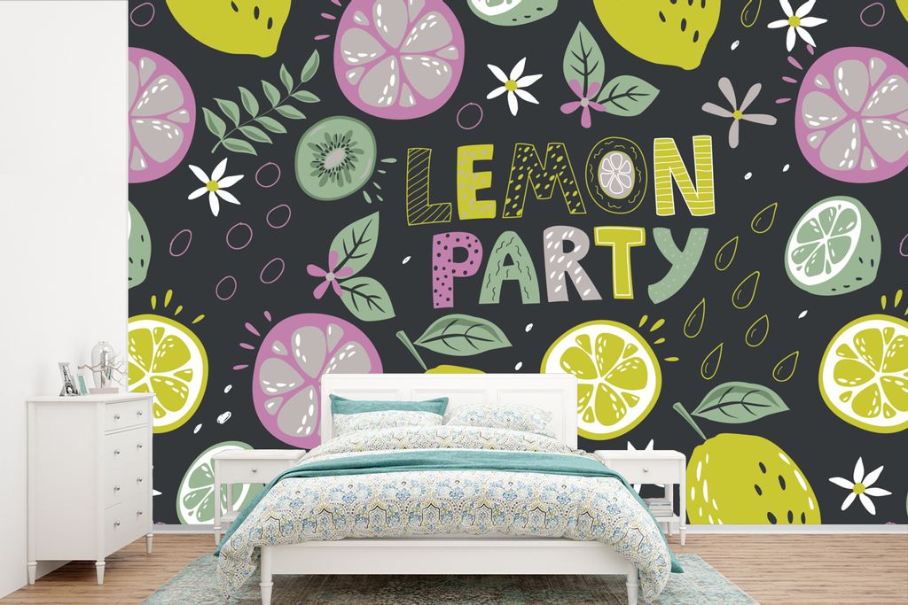 MuchoWow Fototapete für Wohnzimmer oder Schlafzimmer Wandtapete Vinyl Motivtapete Summers - Zitat - Zitronen - Schwarz - 420x280 cm - Zimmer fü...