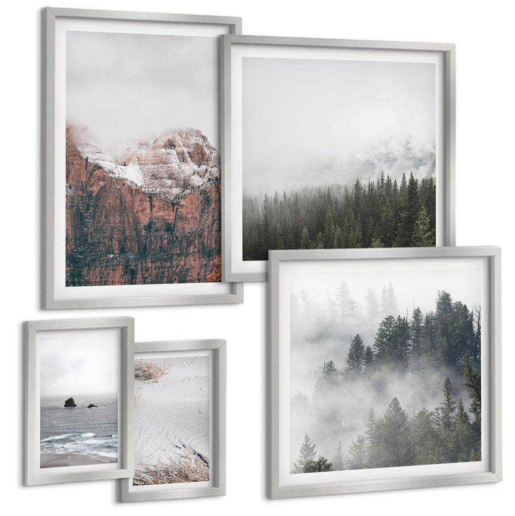 Bilder Set 5-teilig im silbergerahmten Rahmen – Wandbilder 5 Stück – gerahmte Poster für Wohnzimmer, Schlafzimmer und Flur – 50x50 cm - 40x...