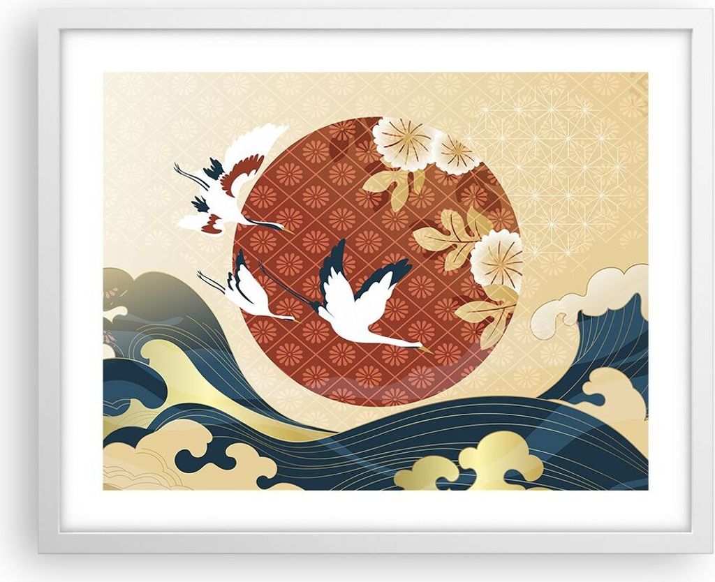 Gerahmtes Poster - Weißer Rahmen - Reiher Sonne Meer - 50x40 cm - Wand Bild - Wanddeko - Wandbilder - Kunstposter - Wandposter - Bilderrahmen - Bi...