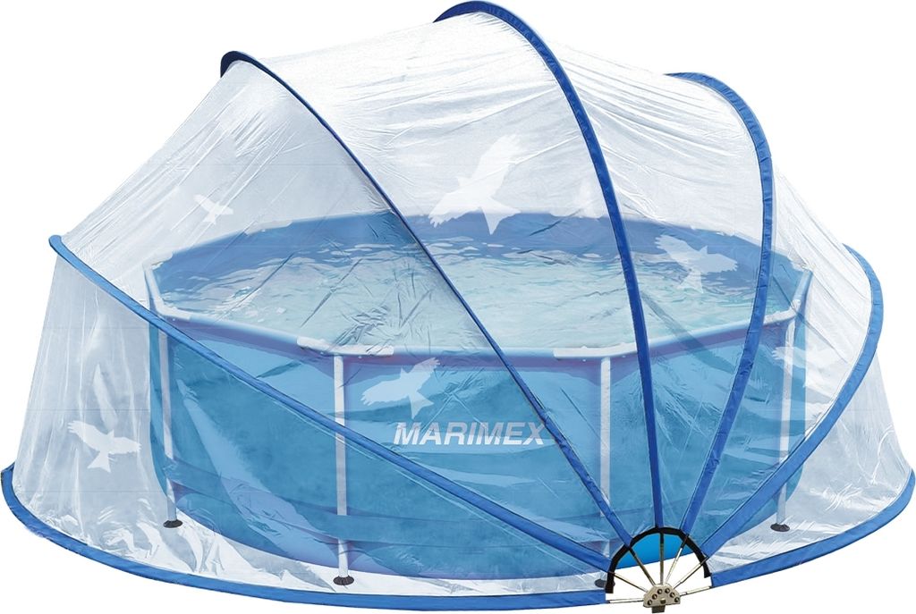 A round above-ground swimming pool covered by a transparent dome-like structure.