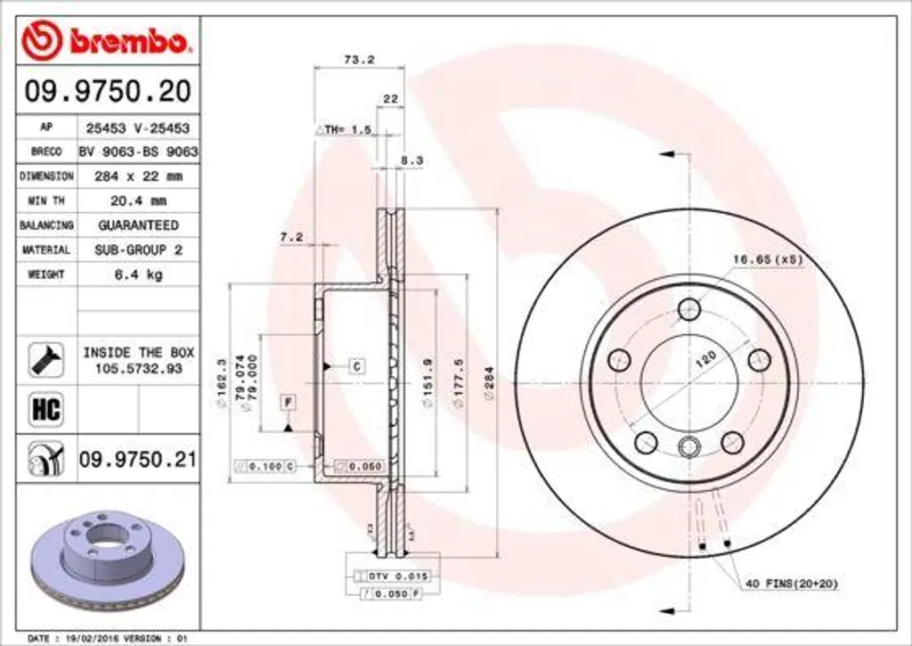 Disque de frein ventilé Brembo 09.9750.21 compatible BMW F20 F21 F22 F23