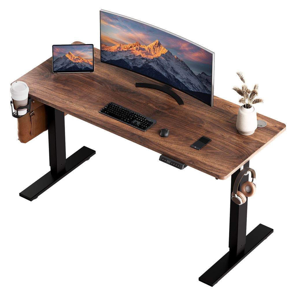 A modern, adjustable standing desk with a wooden top, equipped with a curved monitor, keyboard, mouse, tablet, and accessories like a cup holder and headphones.