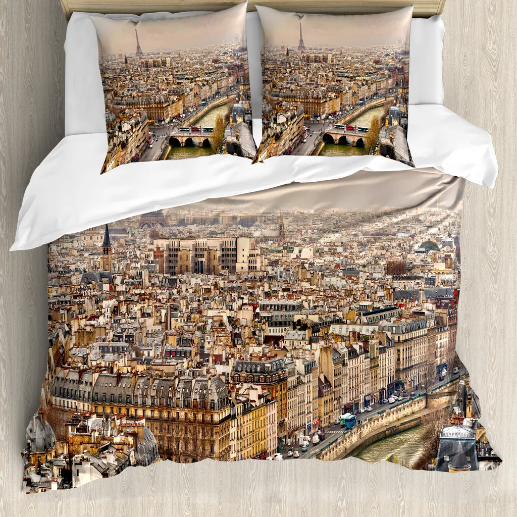 ABAKUHAUS Copripiumino Torre Eiffel, panorama urbano, antiacaro, adatto a chi soffre di allergie, con federe, 200 cm x 200 cm - 80 x 80 cm, beige