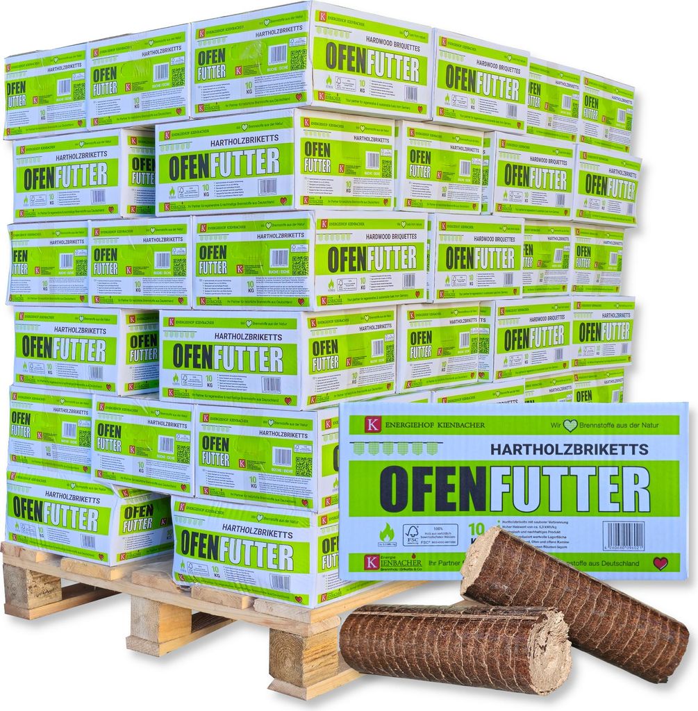 600 kg Nestro Briketts Hartholzbriketts aus Buche & Eiche im Karton | 60 x 10 kg Holzbrikett auf Palette | Energie Kienbacher