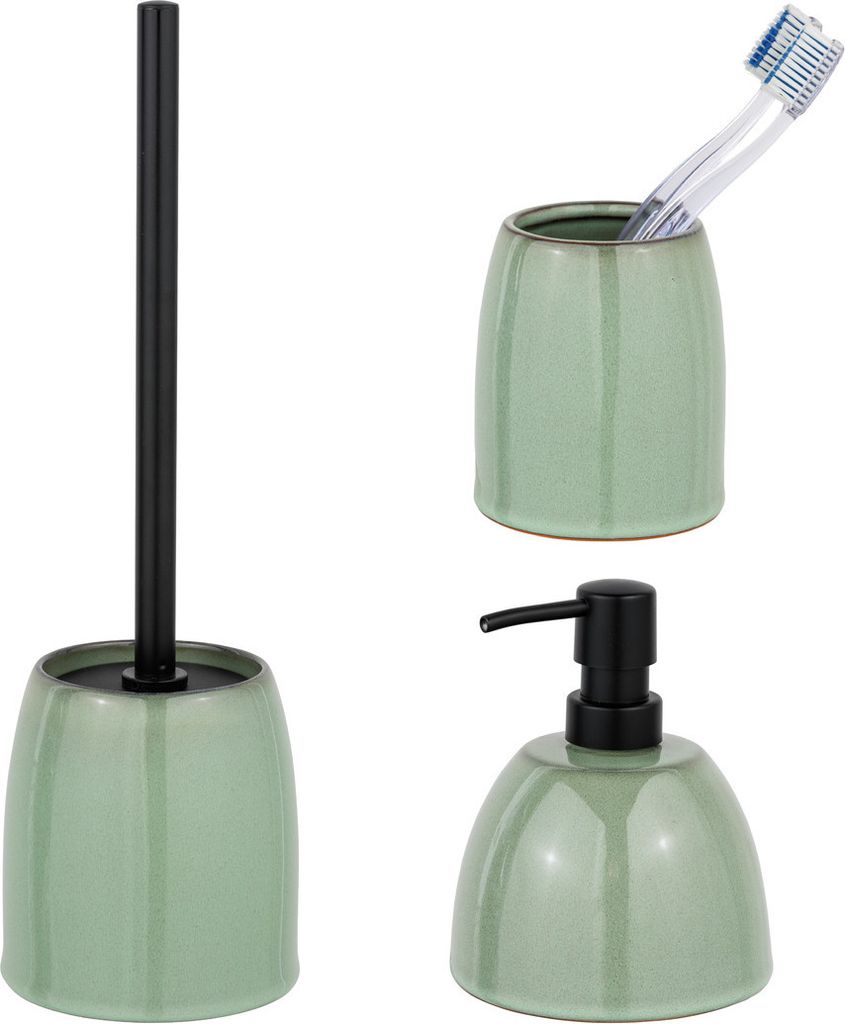Schöner Wohnen Keramik Bad-Accessoire Set Prati Grün WC-Garnitur Seifenspender Zahnputzbecher