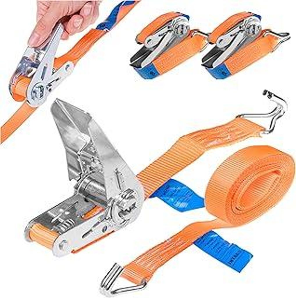 INTAKO Spanngurte mit Ratsche und Haken 4m (3,5m + 0,5m) - 800kg 25mm - & DIN - 2-teilig Zurrgurte, Ratschengurte, Spanngurt für Anhänger (Orang...