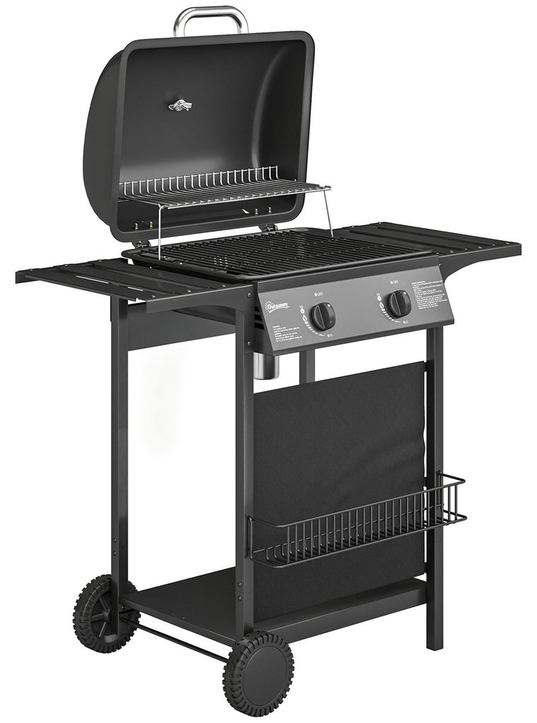 Gasgrill 5 KW 2 Brenner BBQ Grillwagen Edelstahl inkl Seitentisch Unterkorb Frontabdeckung Thermometer Emaille-Grillrost