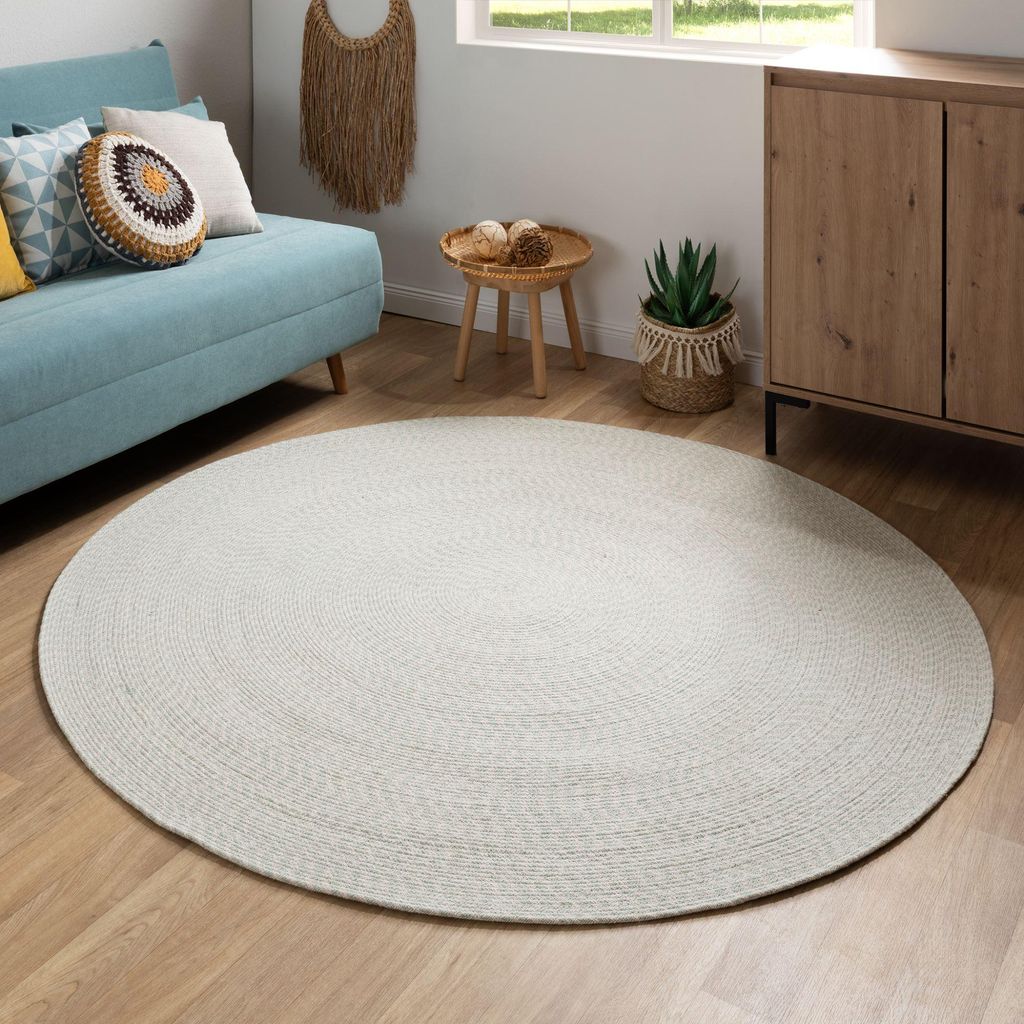 Steffensmeier Handweb Teppich Bali | 100 % Baumwolle, Grün Creme, handgefertigt, Größe: Ø 100 cm | Flur, Eingangsbereich, Wohnzimmer