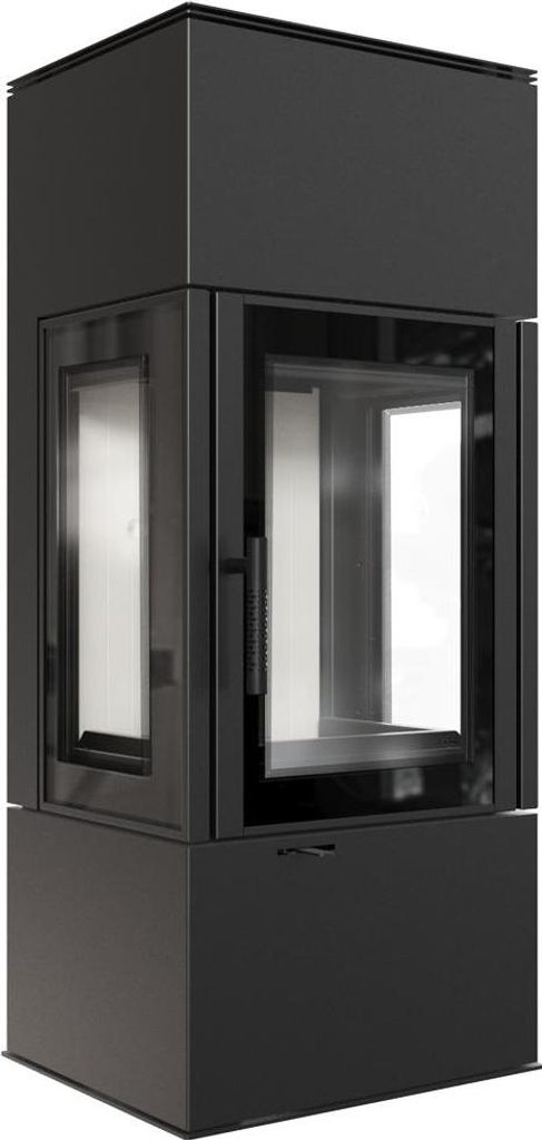 A black modern fireplace with glass panels.