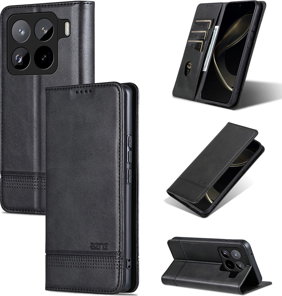 Leder Hülle für Xiaomi 15 Pro, Klapphüllen Brieftasche Magnetverschluss Ständer Schutzhülle Schwarz