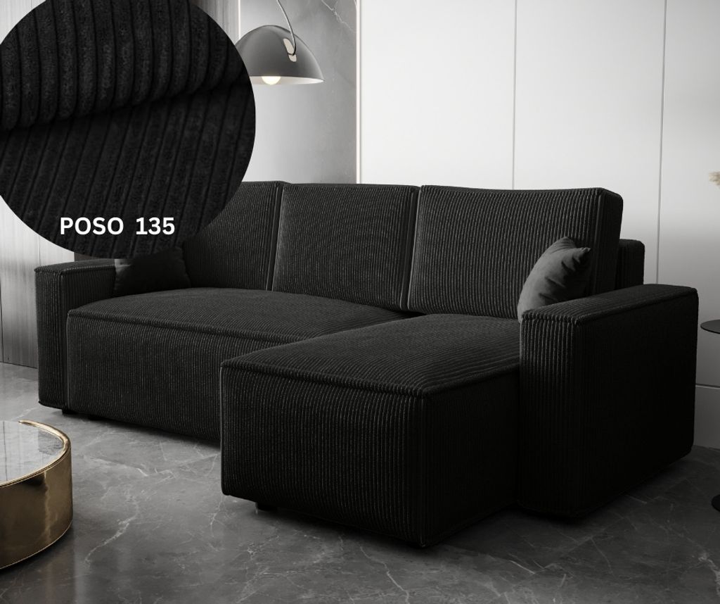 Ecksofa AMRO Schlafsofa mit Bettkasten CORD Stoff (Schwarz) Produktbild 