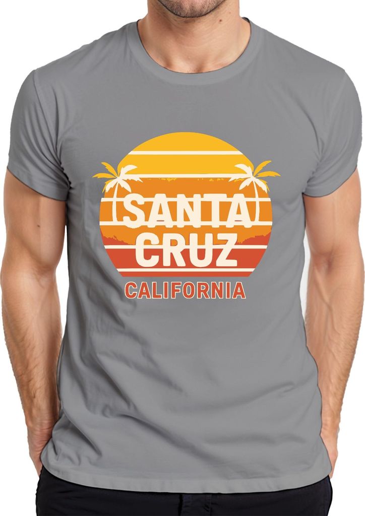 Santa Cruz Kalifornien Sonnenuntergang Palmen Surfen Retro Strand Herren T-Shirt, Grau, S