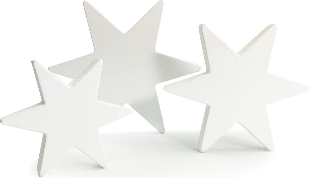 Three white wooden stars of different sizes are arranged on a white background.