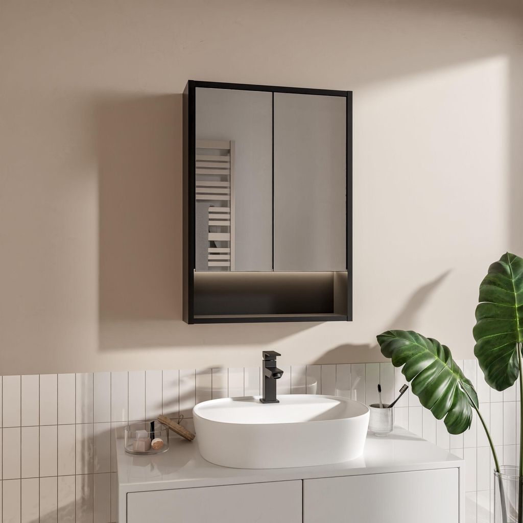 HAJDUK FURNITURE LED Spiegelschrank Bad 50x70 cm Schwarz mit 4000K Beleuchtung & Steckdose Minibox Schalter Hängeschrank Badezimmer