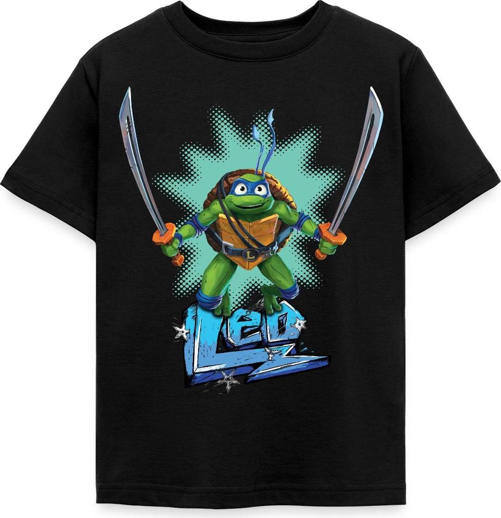 Spreadshirt TMNT Mutant Mayhem Turtle Leo Kinder T-Shirt, 110/116 (5-6 Jahre), Schwarz