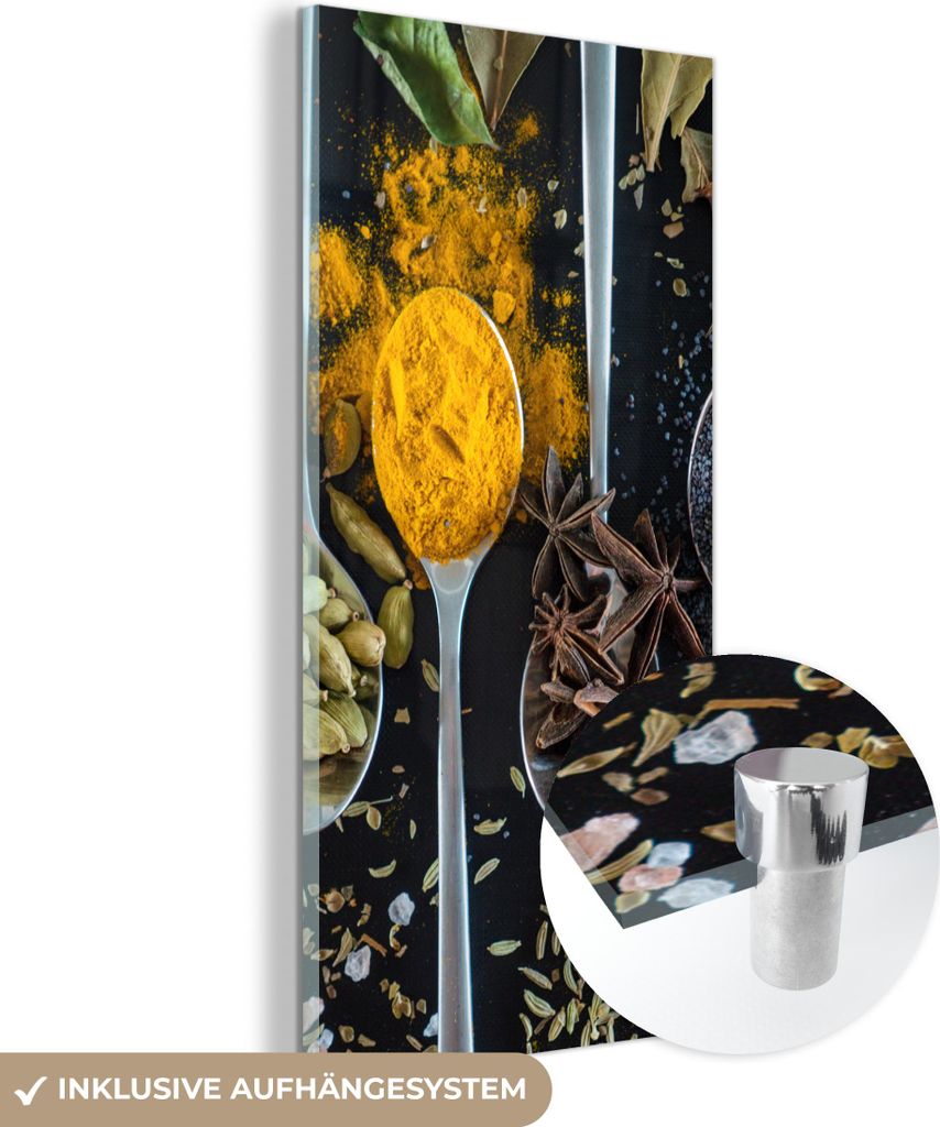 MuchoWow Glasbilder - Bilder auf Wandbild - Foto auf Glas Löffel - Gewürze - Lebensmittel - Tisch 60x120 cm Wanddekoration aus Glas - Acrylglasbi...
