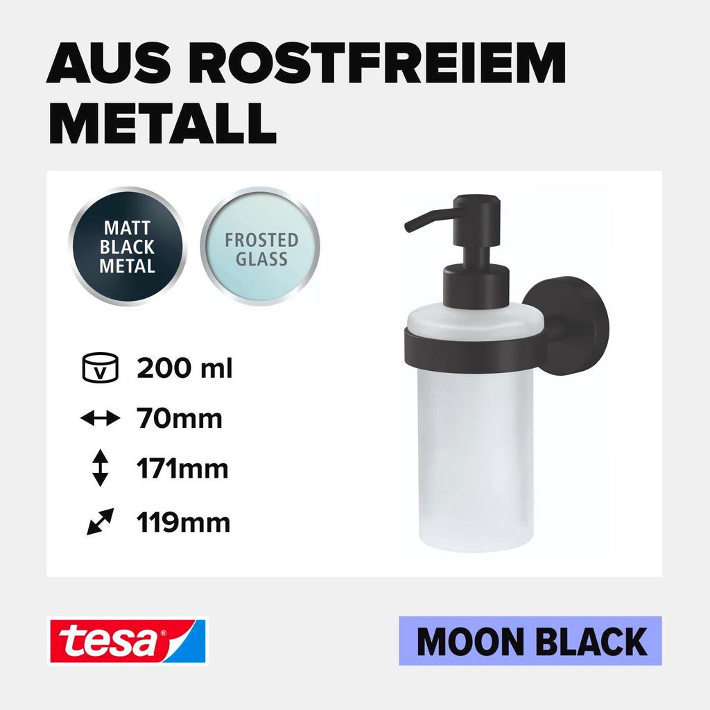Produktbild von Tesa Seifenspender Wand Schwarz Matt – Ohne Bohren, Nachfüllbar, MOON BLACK Serie