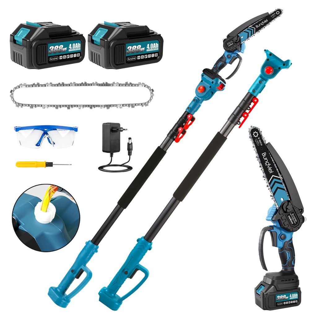 2-in-1 Akku Hochentaster Kettensäge, 1,1-2M Teleskopstiel, 180° drehbar 3800RPM, mit 2x4.0Ah Akku & Ladegerät Gartenschneidgerät
