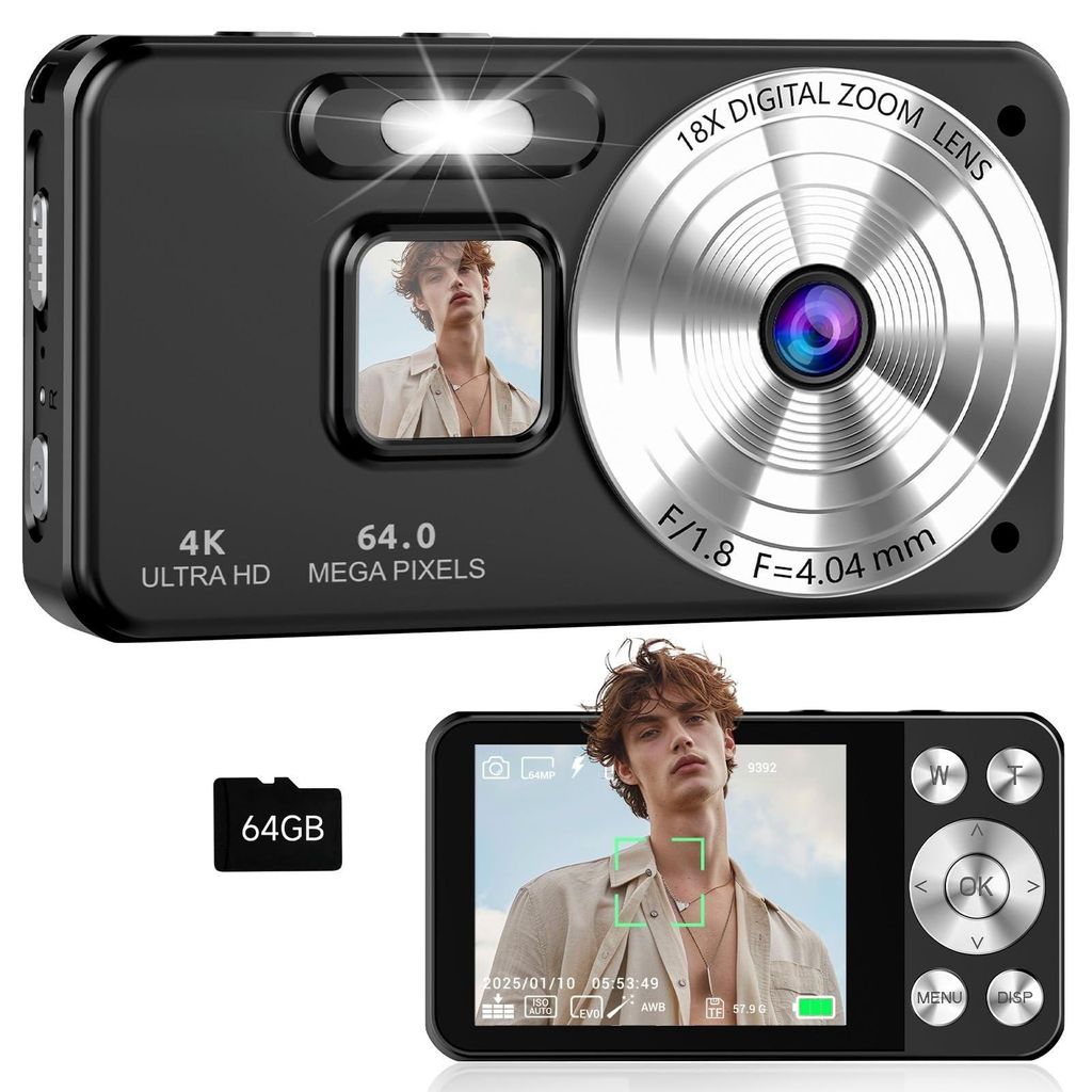 4K Digitalkamera 64MP Autofokus, 18X Zoom, 2,8 Zoll Display, 2000mAh Akku, 64GB Speicher, Kompaktkamera für Anfänger, Kinder und Jugendliche