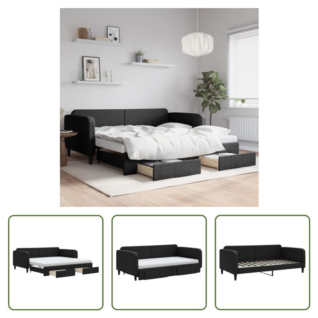 The Living Store Tagesbett Ausziehbar mit Schubladen Schwarz 100x200 cm Stoff