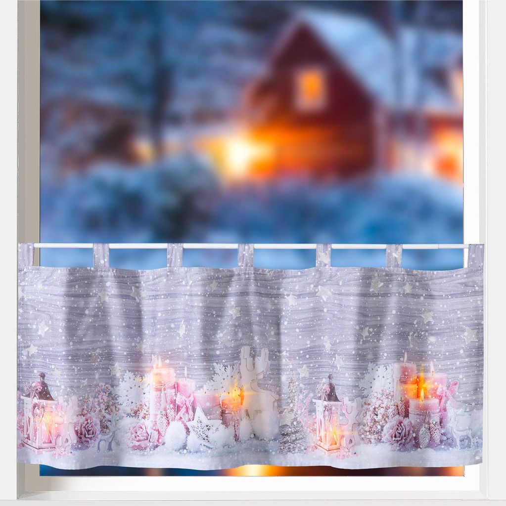 heimtexland Scheibengardine mit LED Lichterkette Deko Gardine beleuchtet 45x120 Weihnachten Fensterdekoration Weihnachtsdeko Rosa Typ651