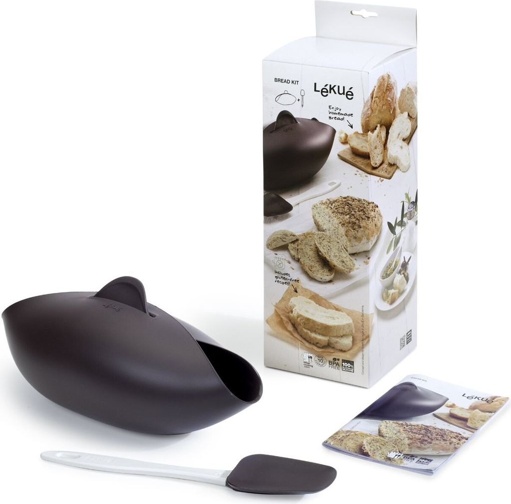 A bread baking kit with its packaging and accessories, displayed on a white background.