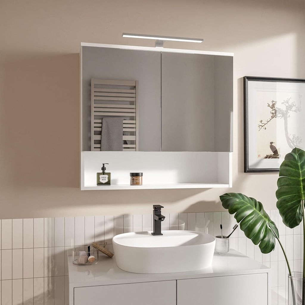 HAJDUK FURNITURE Badspiegelschrank 78x70 cm Weiß mit LED Lampe Gehäuse Schwarz Spiegelschrank Bad IP44 4000K 2 Türen grifflos mit Ablage