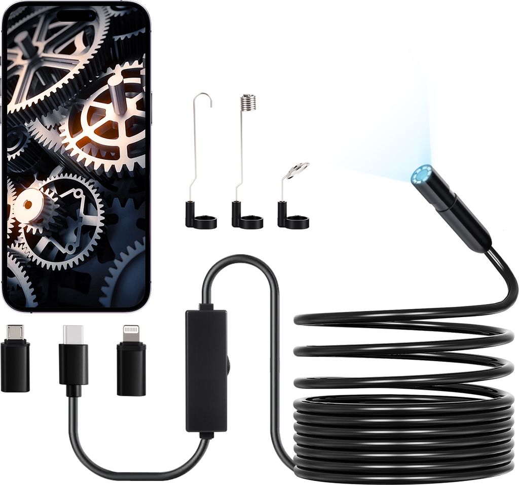 A product shot of an endoscope camera with its accessories and connectors, set against a white background.