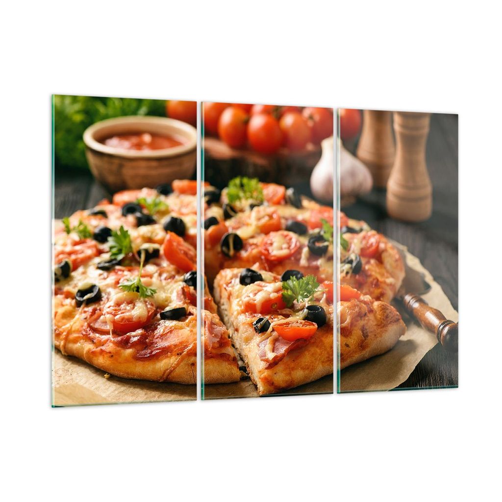 Bilder auf glas - Pizza Käse Tomaten - 105x70cm - Glasbilder - Wandbilder - Kunstdruck - zum Aufhängen bereit - Wanddekoration aus Glas - Glas Bi...
