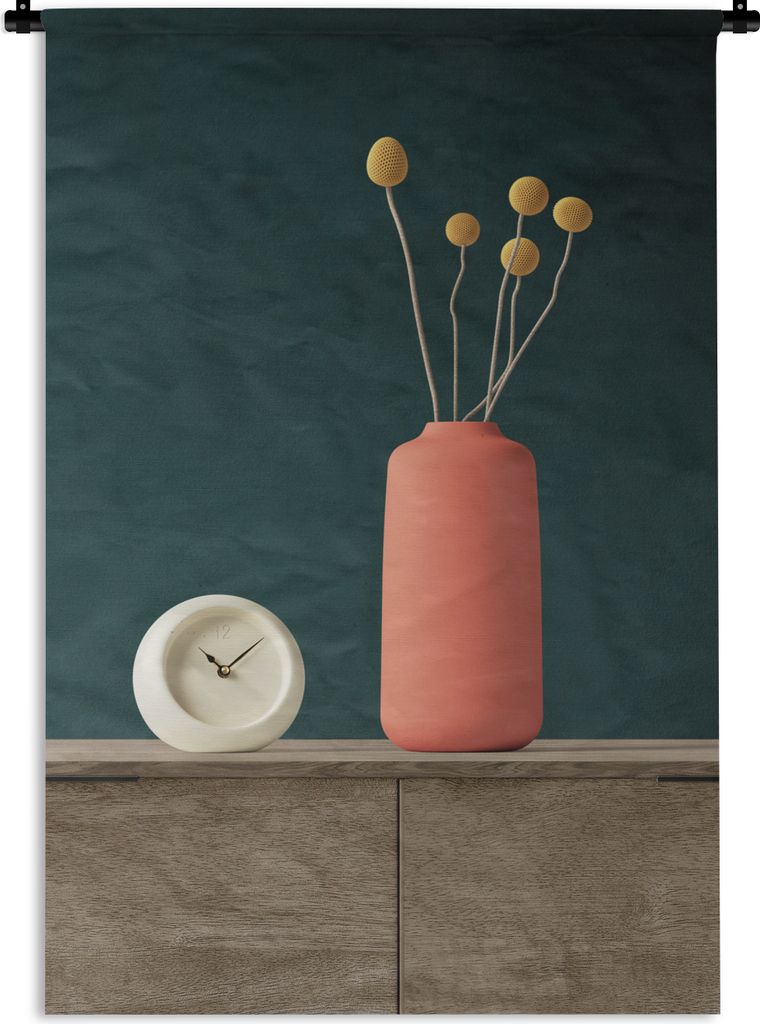 MuchoWow Wandteppich Wandbehang Wecker - Blumen - Stilleben 90x135 cm Tapisserie Dekoration Wandtuch - Baumwolle - Wandskulptur