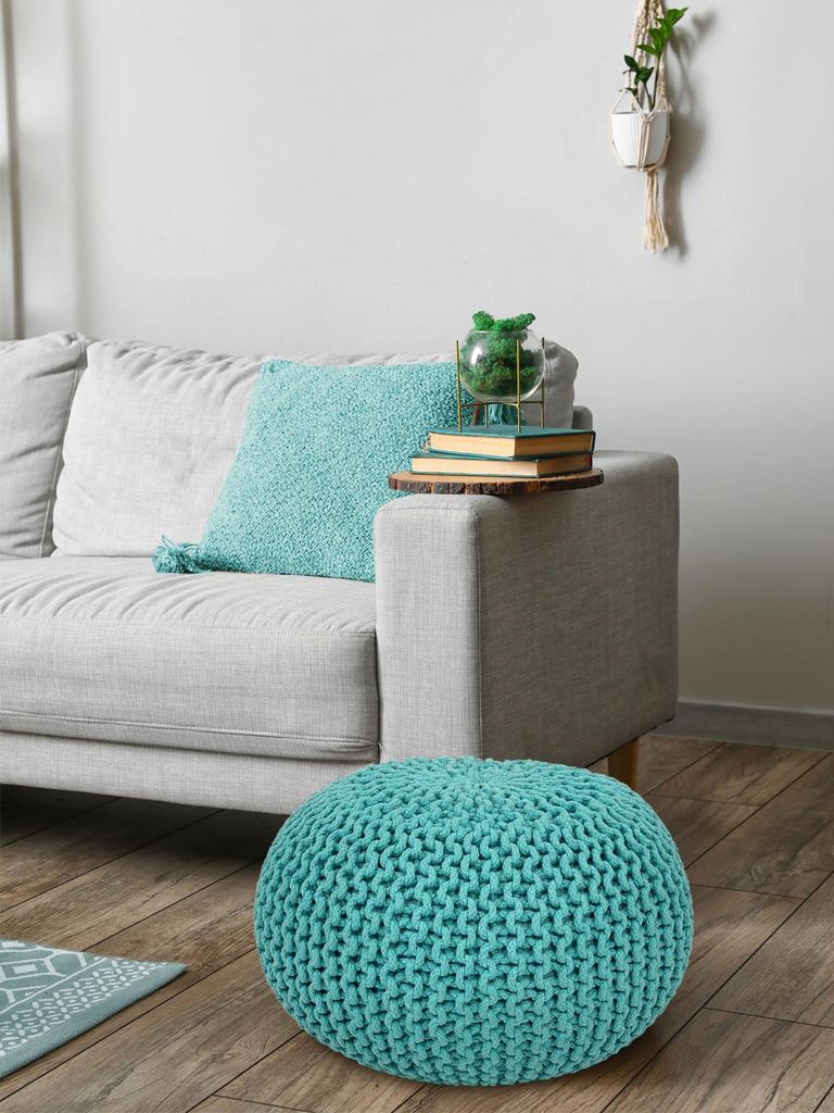 Pouf Strickhocker handgemacht aus recycelter Baumwolle, nachhaltig Ø 55cm mint