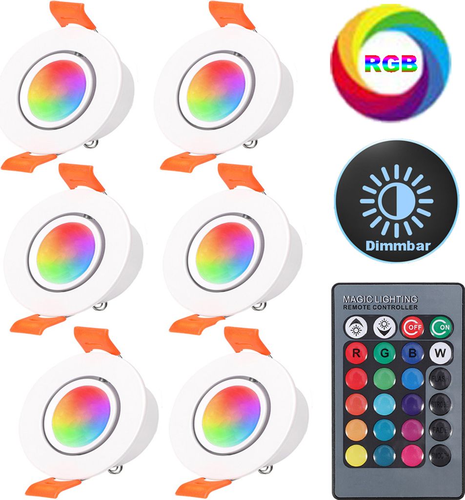 6 Stück 3W RGB LED Einbaustrahler Dimmbar mit Fernbedienung, Einbau-Spots Schwenkbar 16 Lichtfarben 4 Modi, Einbauleuchte Verstellbar Winkel Flur Spielzimmer Wohnzimmer