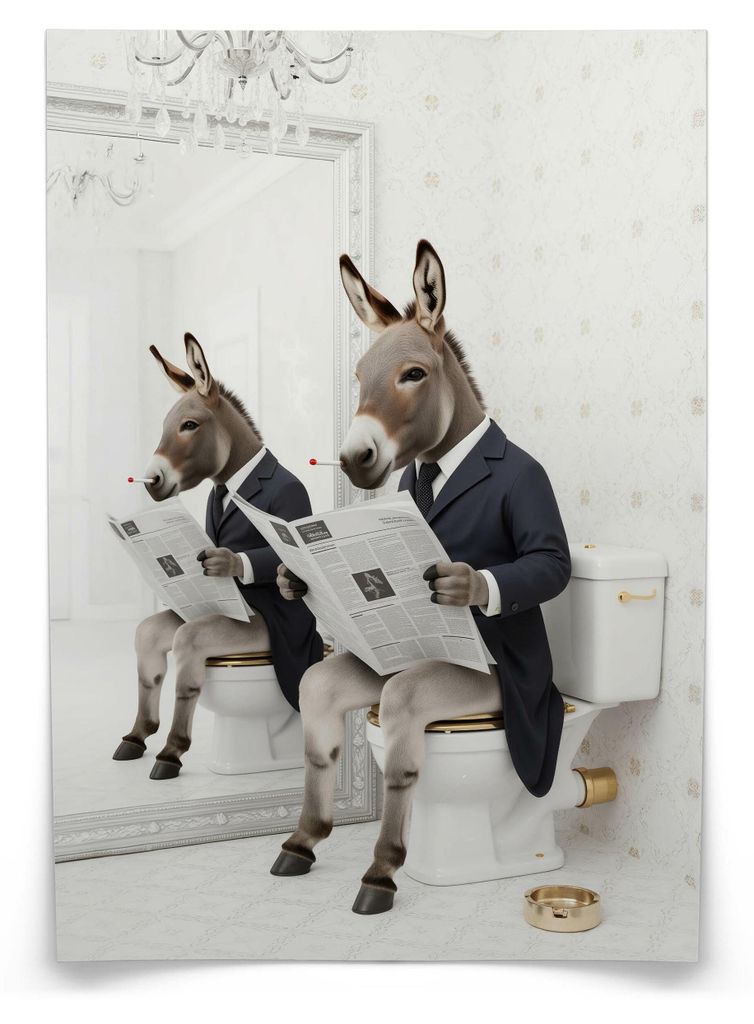 Muralo Poster für Badezimmer WC ESEL im Anzug auf Toilette mit Zeitung Abstraktion 20x30cm