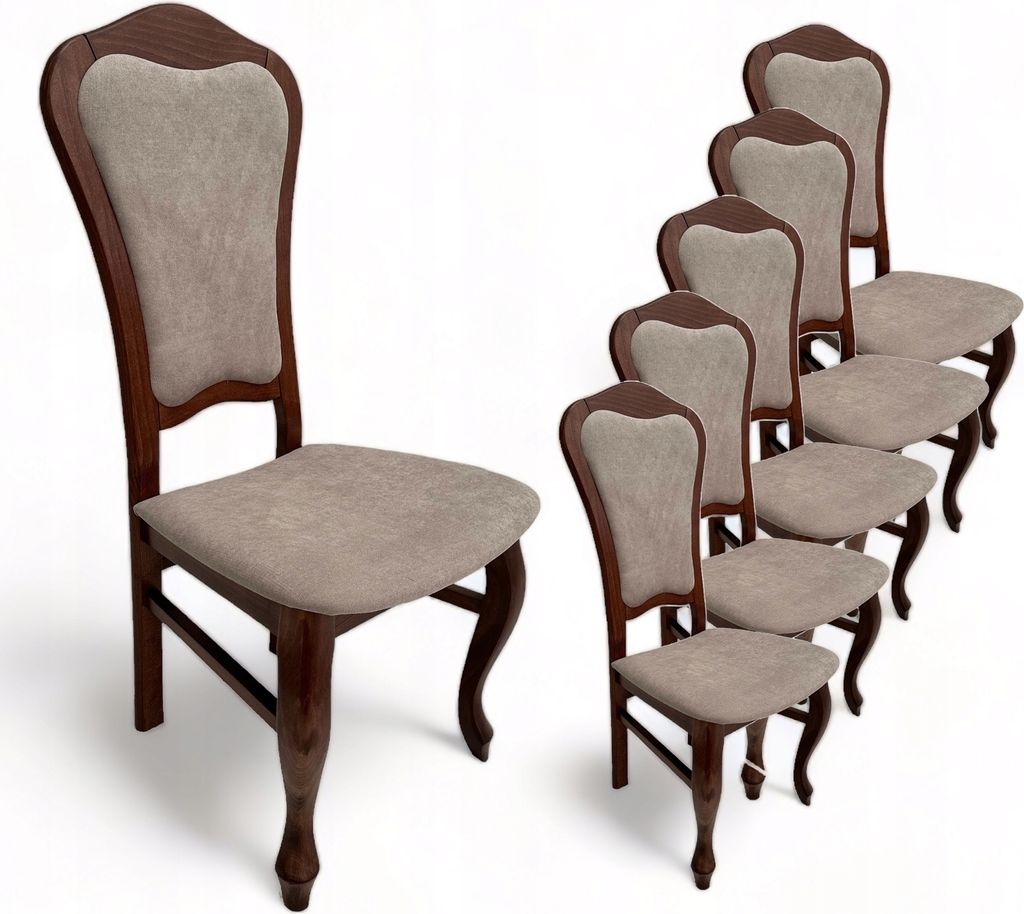 6x Ludwik Polsterstuhl Geschwungene Beine Nussbaum Medium + Stoff hell Beige