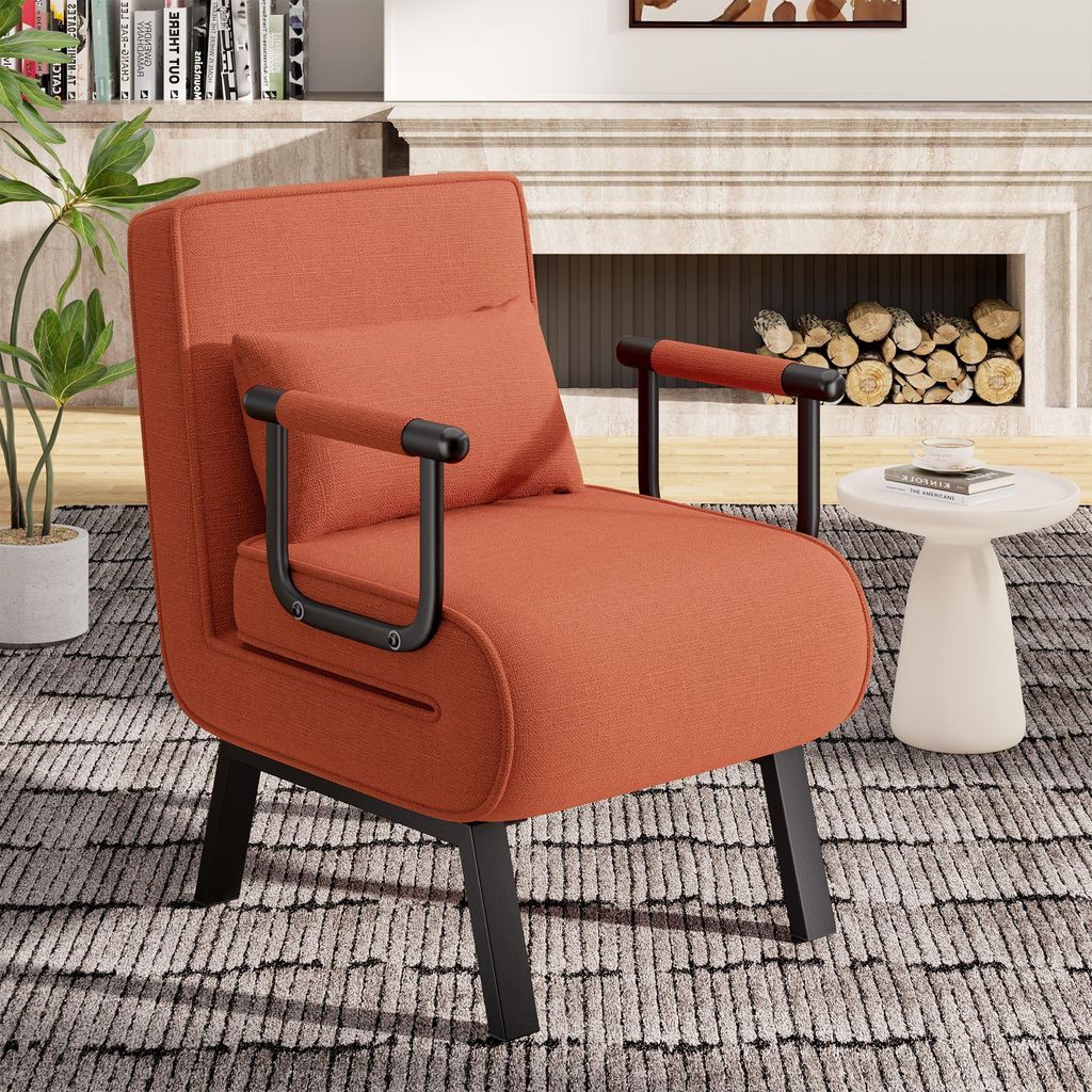 Hawthyhome 4-in-1-Klappstuhl multifunktionaler Leinen-Liegestuhl Rückenlehne verstellbares Schlafsofa für Wohnzimmer und Schlafzimmer, Orange