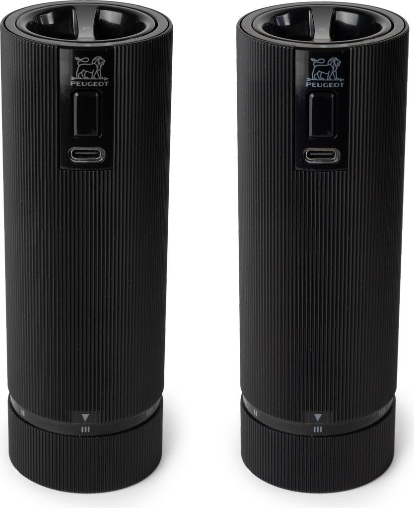 Two black electric grinders are shown side-by-side against a white background.