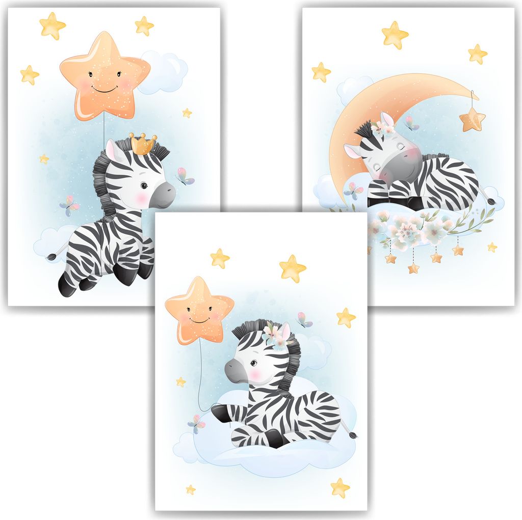 3er Set Poster für Kinderzimmer Bilder Babyzimmer Babyparty Kinderposter Zebra – DIN A3 (29.7x42cm)
