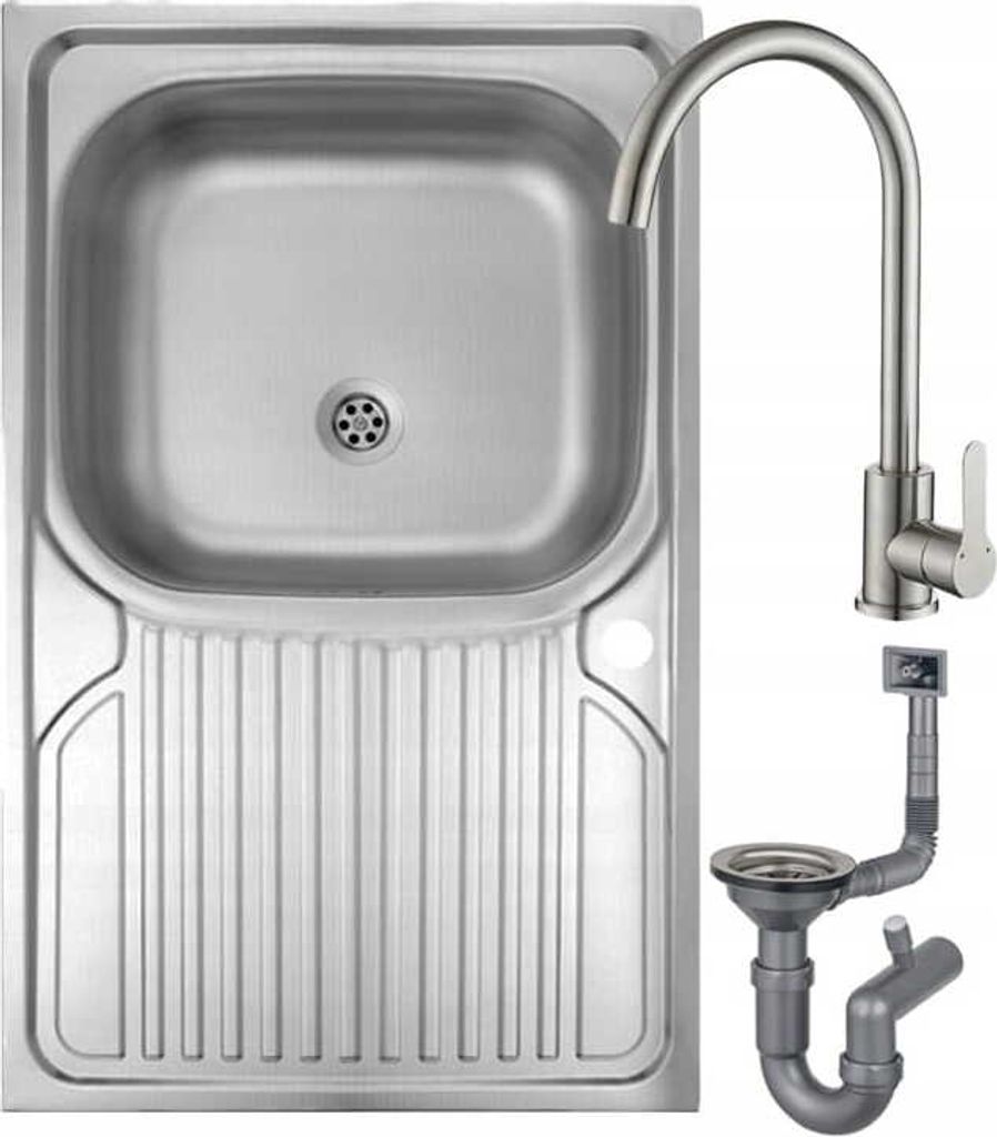 A stainless steel sink with a faucet and drain assembly, presented on a white background.