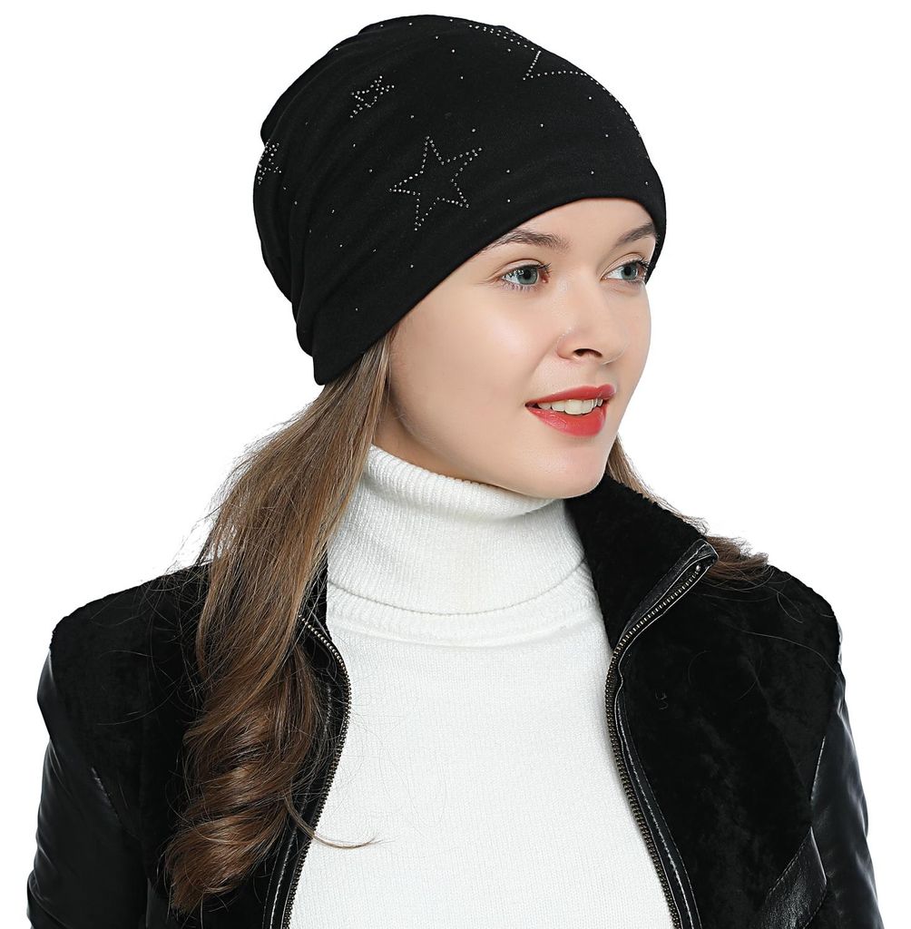 Damen Wintermütze gefüttert Slouch Beanie - mit Glitzersteine schwarz