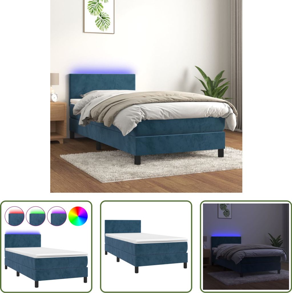The Living Store Boxspringbett mit Matratze & LED Dunkelblau 80x200 cm Samt