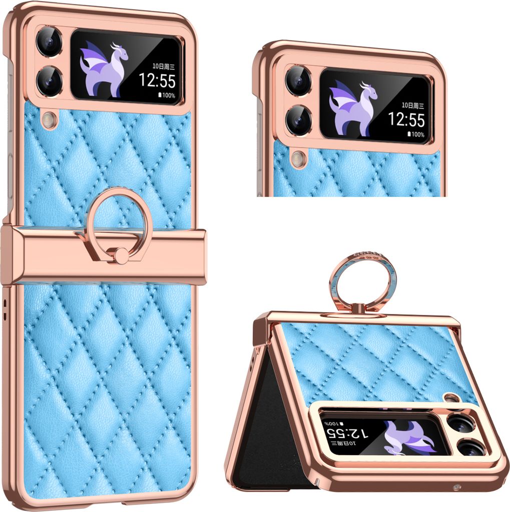 Luxus Leder Muster Galvanik Handyhülle für Samsung Galaxy Z Flip 4 5G mit Ringhalterung und Scharnierschutz Blau