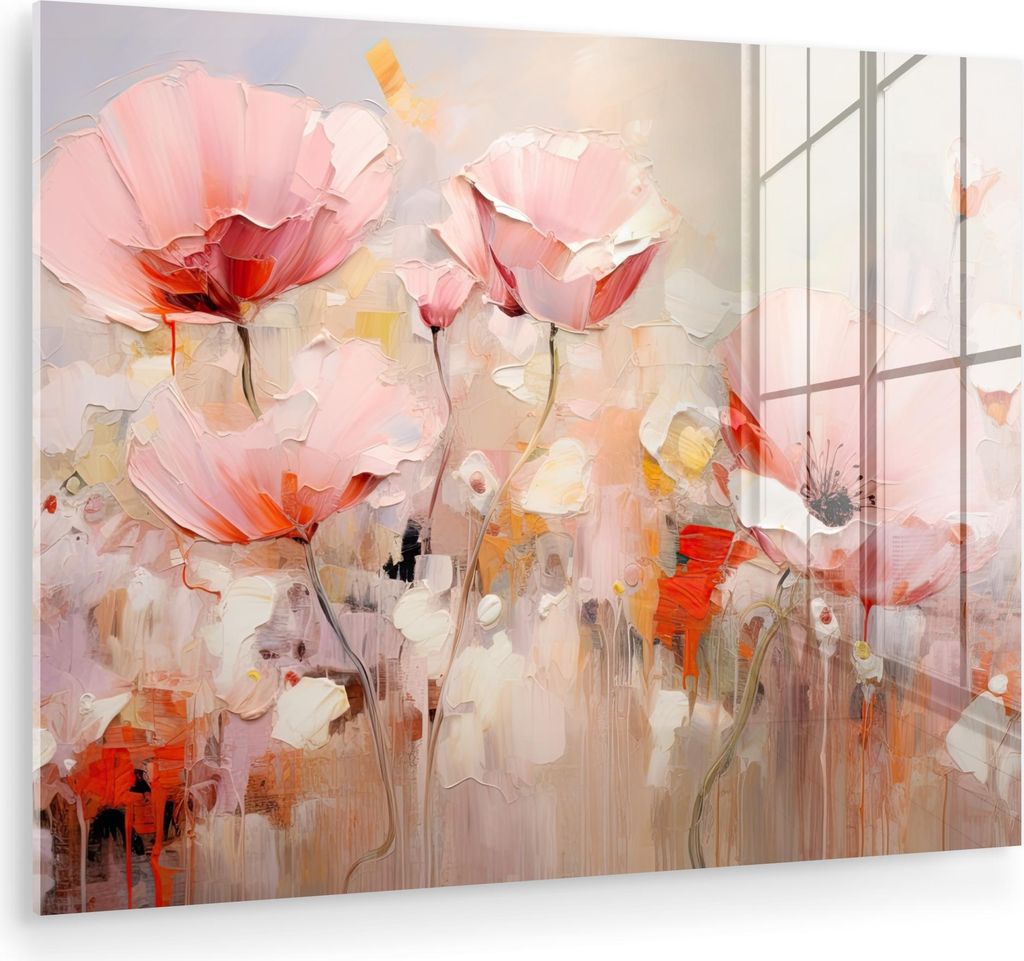 MuchoWow Glasbilder - Bilder auf Wandbild - Foto auf Glas Blumen - Aquarell - Rosa - Abstrakt - Kunst 80x60 cm Wanddekoration aus Glas - Acrylglasb...