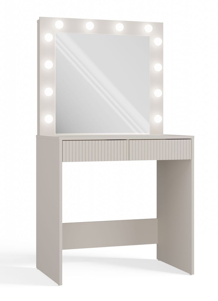 A vanity table with a mirror and lights.