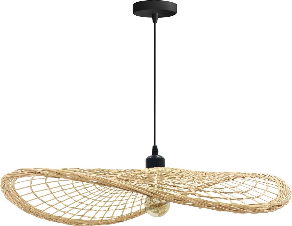 A hanging lamp with a woven shade and a light bulb.