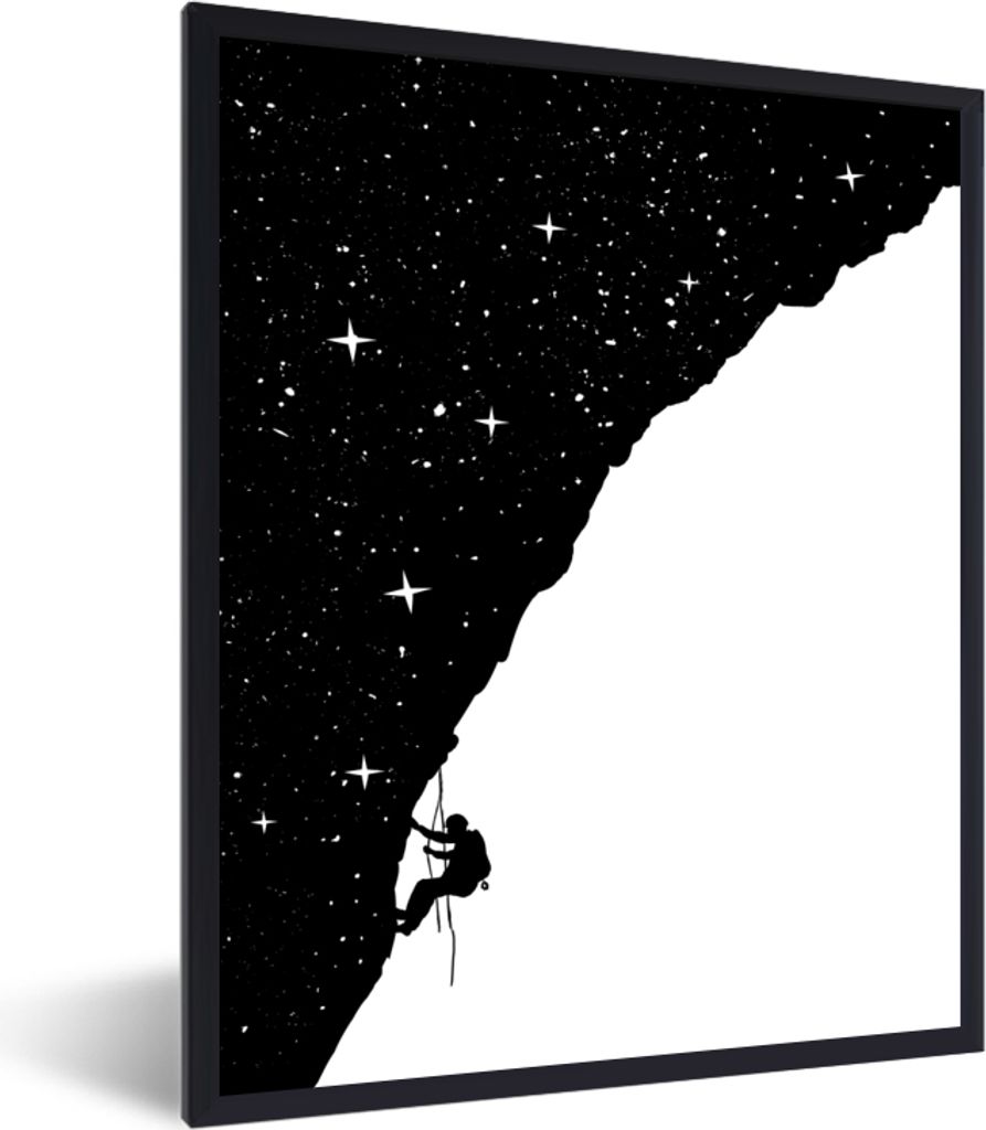 MuchoWow Gerahmtes Poster Nacht - Klettern - Sterne - Schwarz - Weiß 60x80 cm - Poster mit Schwarzem Bilderrahmen Wandposter Rahmen Foto Bilder ...