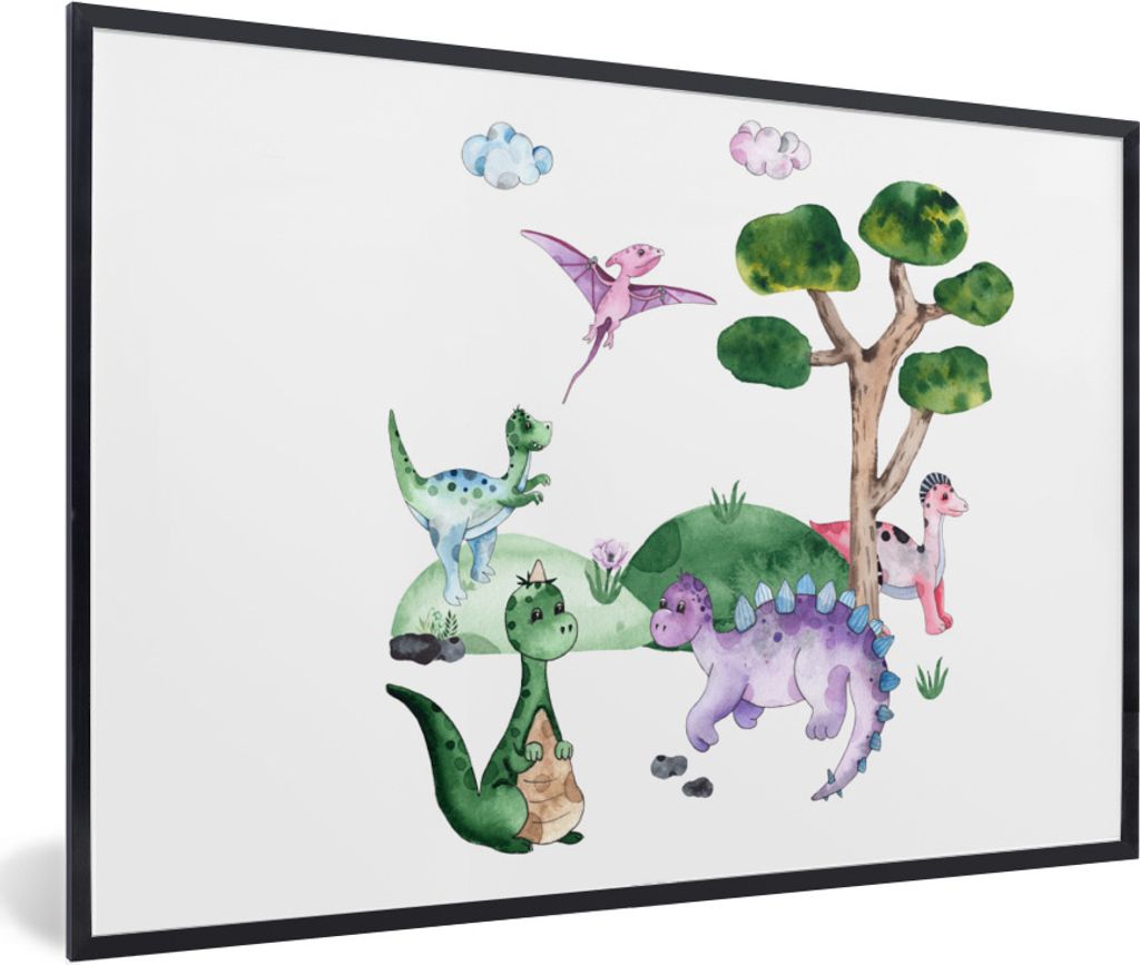 MuchoWow Gerahmtes Poster Kinderzimmer - Farben - Dinosaurier - Jungen - Mädchen - Kinder 60x40 cm - Poster mit Schwarzem Bilderrahmen Wandposte...