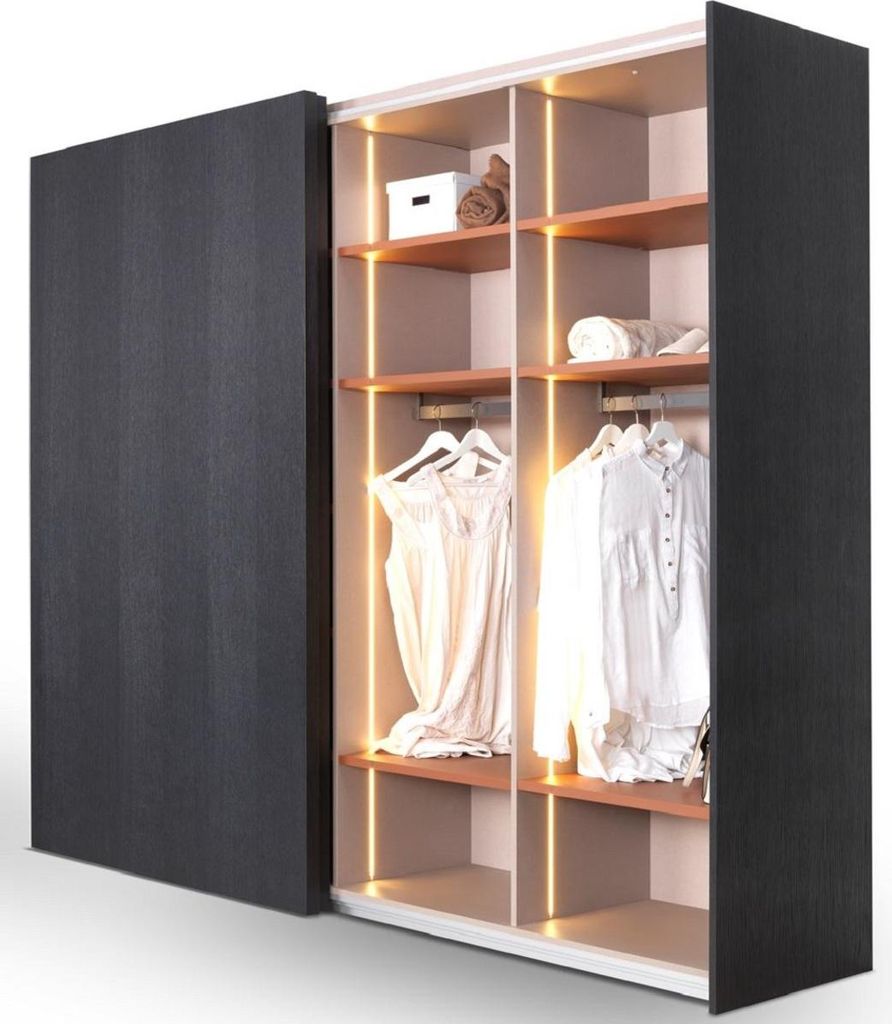 Casa Padrino Luxus Schlafzimmerschrank Schwarz 260 x 70 x H. 228 cm - Beleuchteter Massivholz Kleiderschrank mit 2 Schiebetüren - Schlafzimmer Mö...